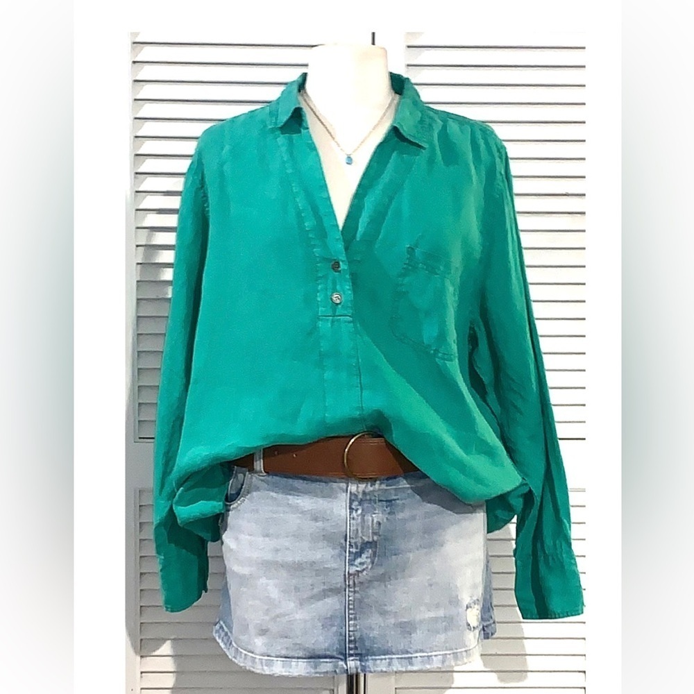 Soft surrounding Kelly Green button up long sleeve shirt, linen women’s size 2X